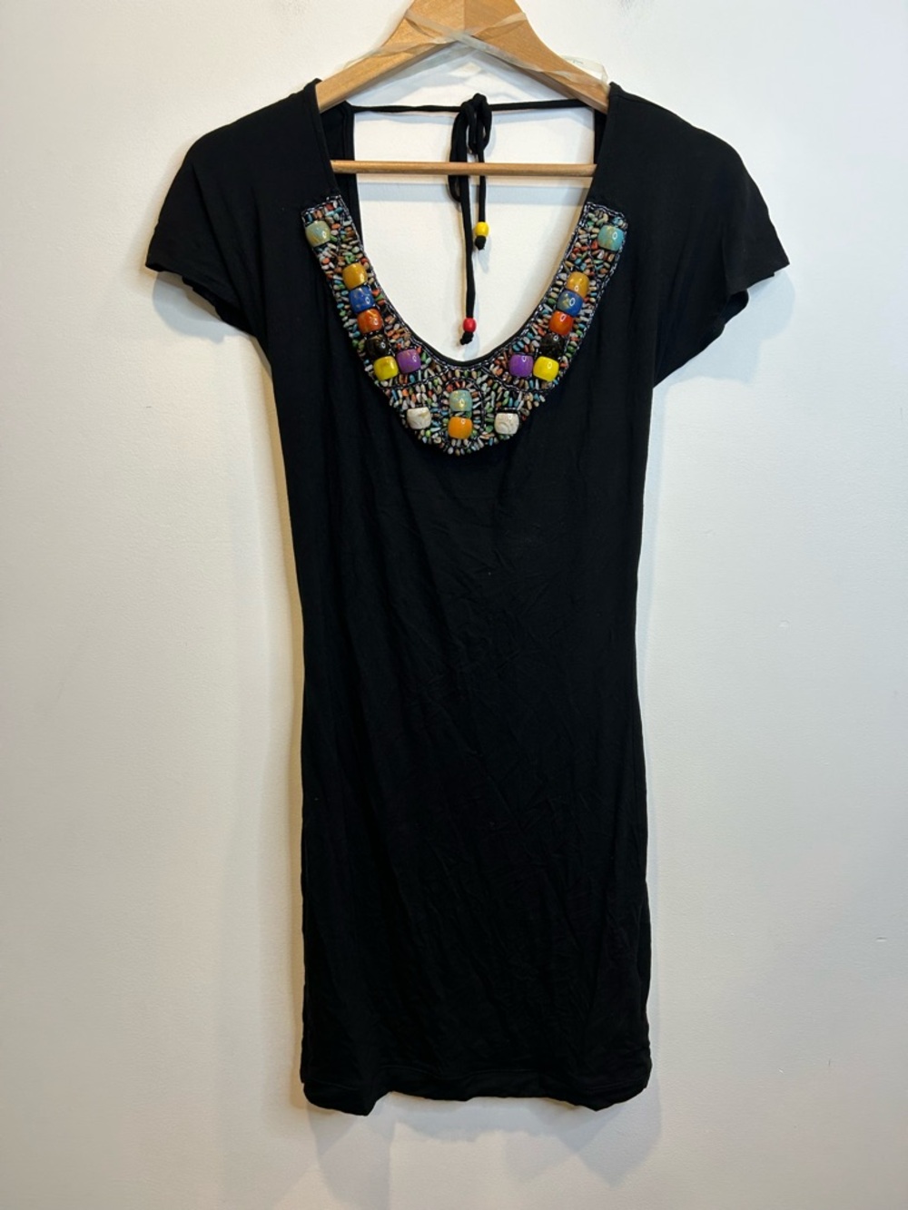 Guess by Marciano Short Sleeve Mini Dress Statement Beaded Neckline Open Back